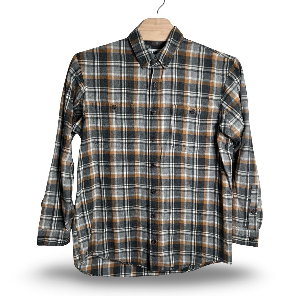 Duluth Trading Co Mens L Tall Flannel Shirt MagnaReady Plaid Grey Orange 89322